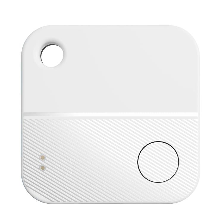 White square GPS Bluetooth tracker with top hole, circular button, and striped bottom panel.