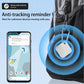 GPS tracker attached to a bag strap with a smartphone display shown nearby.