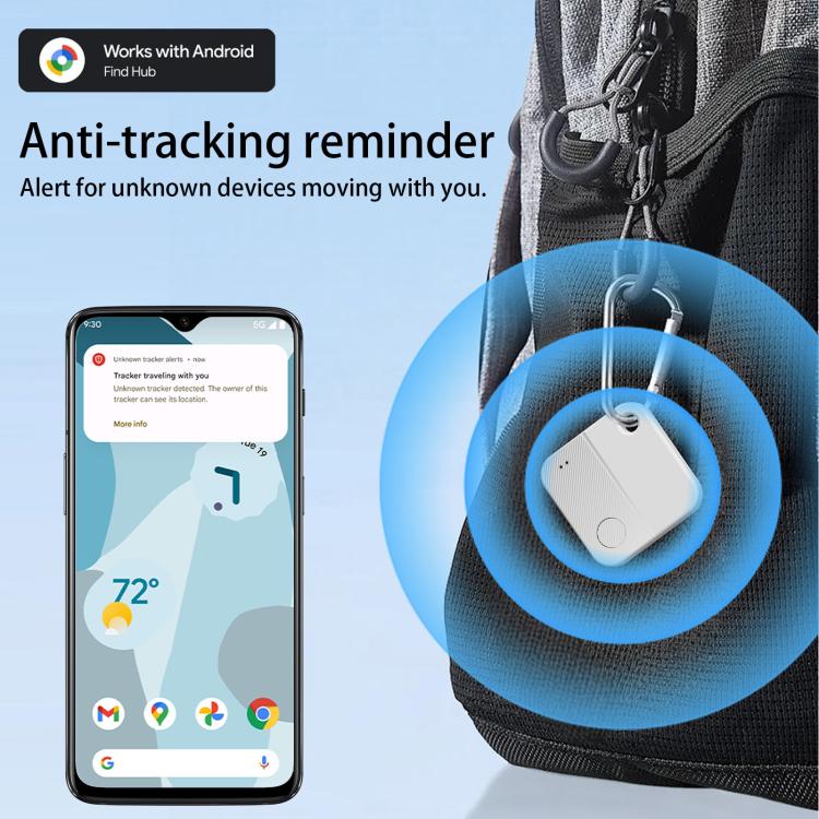 GPS tracker attached to a bag strap with a smartphone display shown nearby.