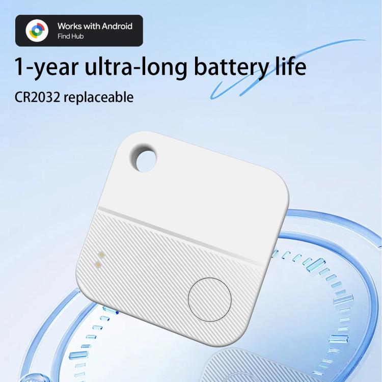 White GPS tracker on a CR2032 coin battery with a top attachment hole.