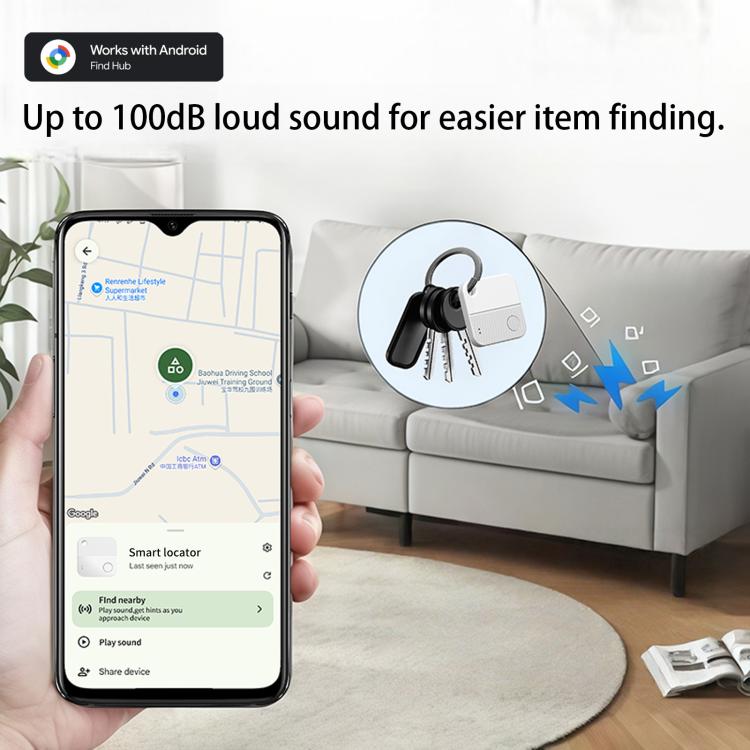 Mini GPS tracker near a key area with smartphone map screen shown.