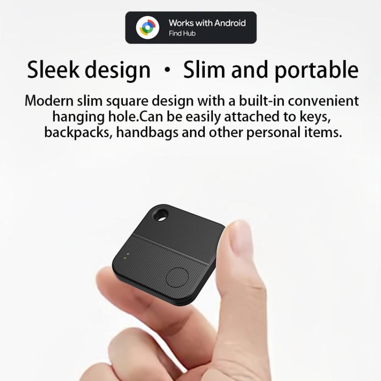 Black mini GPS tracker held in hand, slim square back with top hanging hole.