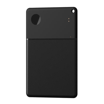 Black thin smart card GPS Bluetooth tracker, textured back, corner hole, LED dots.