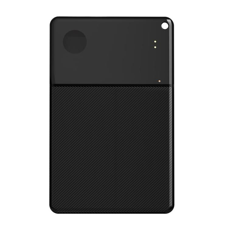 Black thin smart card GPS Bluetooth tracker, textured bottom, top corner hole, LED dots.
