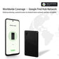 Black thin smart card GPS Bluetooth tracker beside smartphone showing location screen.