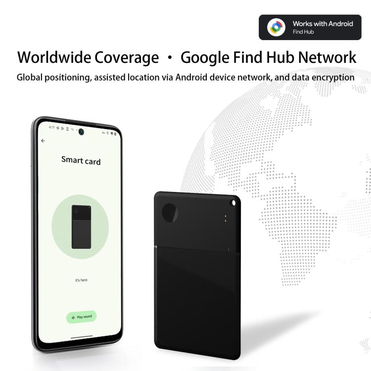 Black thin smart card GPS Bluetooth tracker beside smartphone showing location screen.