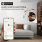 Smartphone in hand with map screen, alongside black thin smart card GPS Bluetooth tracker.