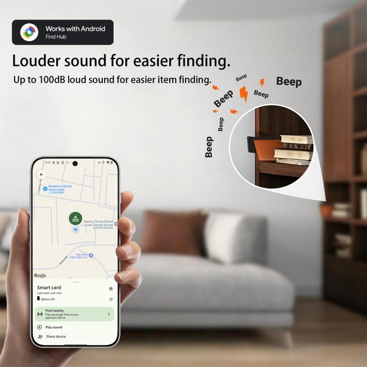 Smartphone in hand with map screen, alongside black thin smart card GPS Bluetooth tracker.