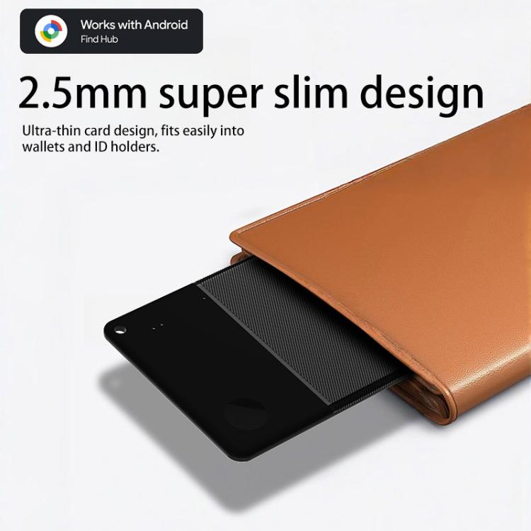 Black thin smart card GPS Bluetooth tracker inserted into a brown leather wallet slot.