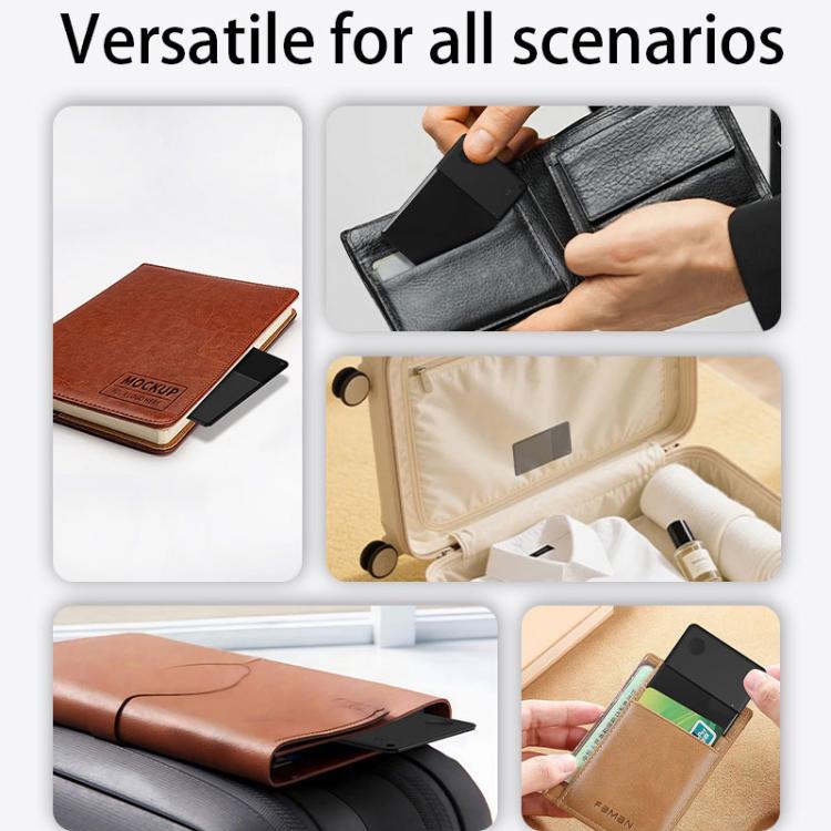 Black thin smart card GPS Bluetooth tracker used in wallet, bag, and organizer slots.