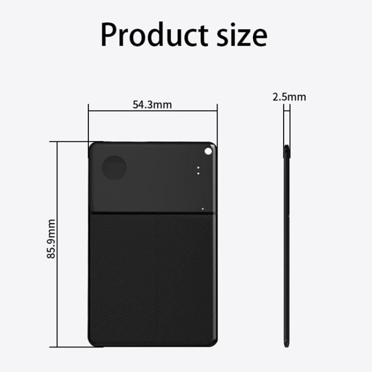 Black thin smart card GPS Bluetooth tracker size diagram with front and side view.