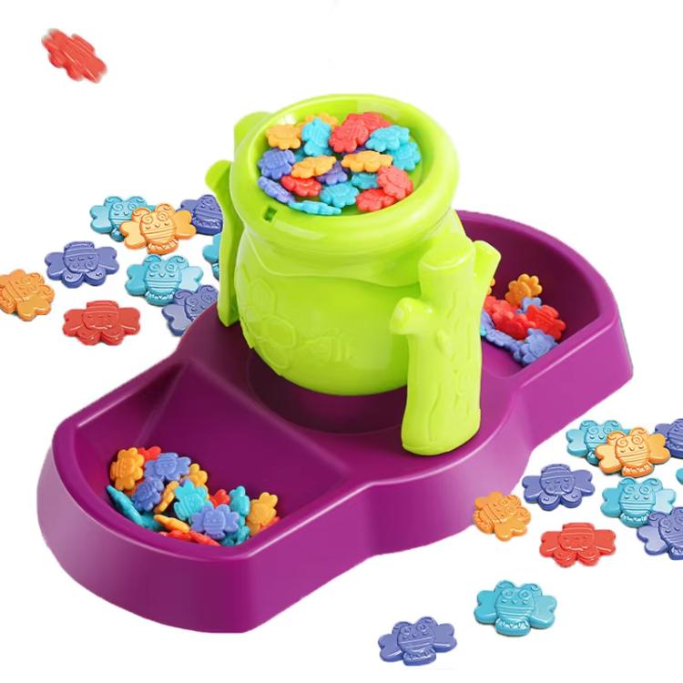 Bee balance sensory toy: green honey pot on purple tray with colorful bee-shaped pieces