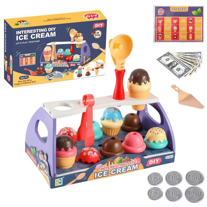 DIY ice cream pretend-play set with purple tray, scoops, cones, and fake coins
