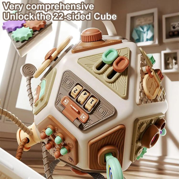 Busy board cube toy with square control panel, door flaps, and curved levers