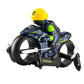 Blue and black RC amphibious flying motorcycle with green accents and front propellers