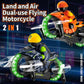 Orange/black RC amphibious flying motorcycle with green ring lights and front propellers