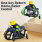 Blue and black RC amphibious flying motorcycle with green ring lights and white propellers