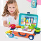 Pretend play kitchen tool set with bowls, pans, and utensils in orange-and-blue case