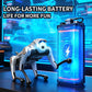 Silver robotic dog toy with blue head light and black trim beside battery unit