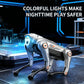 Silver robotic dog toy with glowing blue lights and black feet in a walking pose