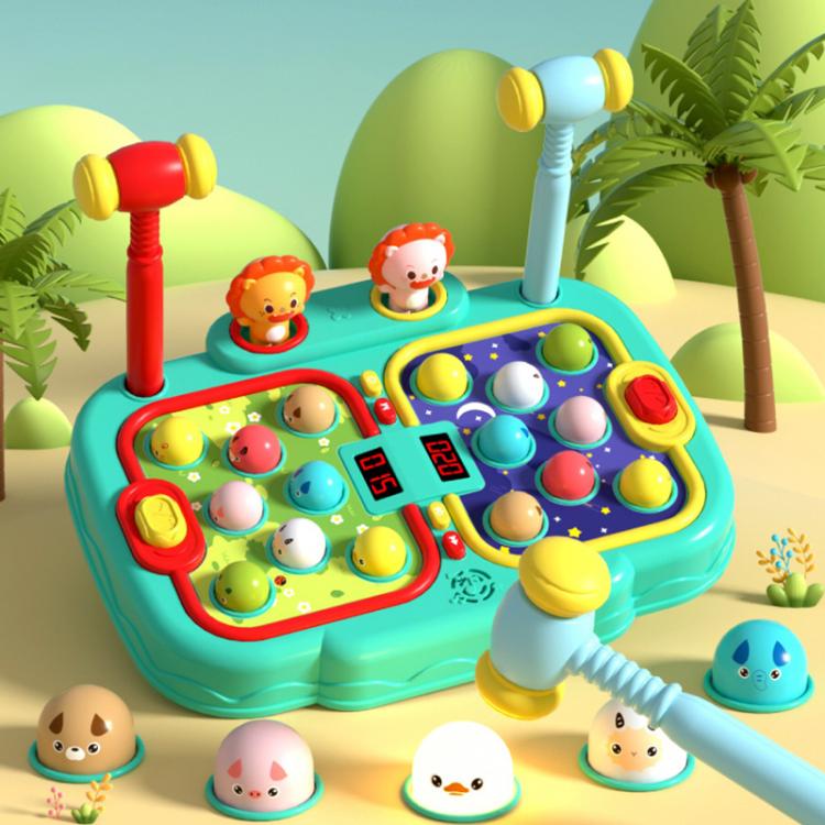 Children's interactive whack-a-mole toy with colorful animal figures and teal play base