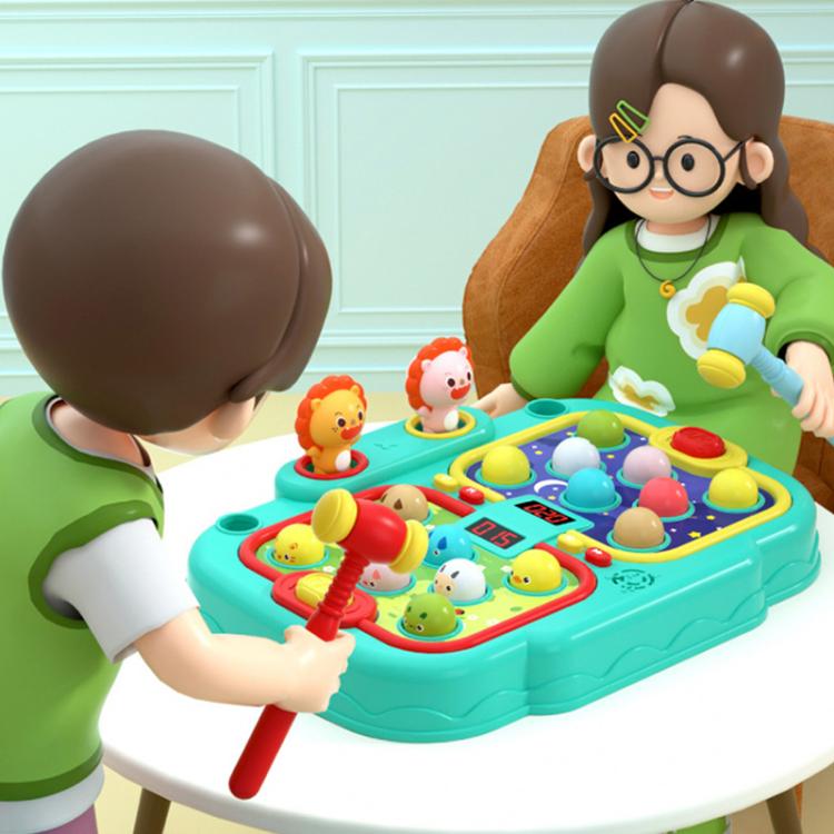 Children's whack-a-mole toy table with teal play panel and animal characters