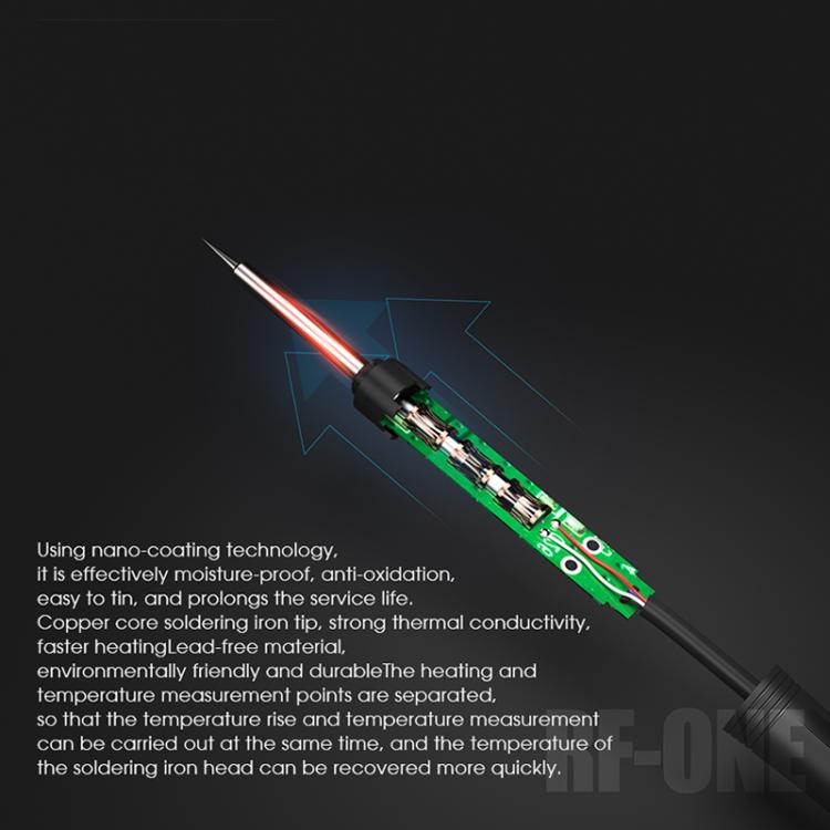 Soldering iron with glowing heating tip and visible green circuit board inside