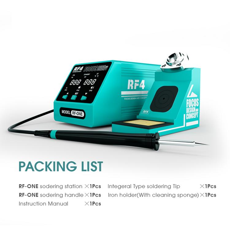 Teal RF4 soldering station with stand and soldering iron; packing list overlay