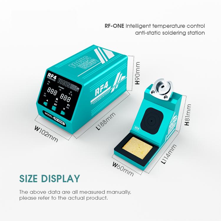 Teal soldering station with digital screen, iron holder, and detailed size labels