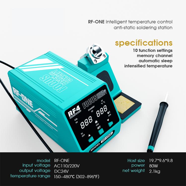 Teal RF4 RF-ONE soldering station on display with iron stand and spec panel