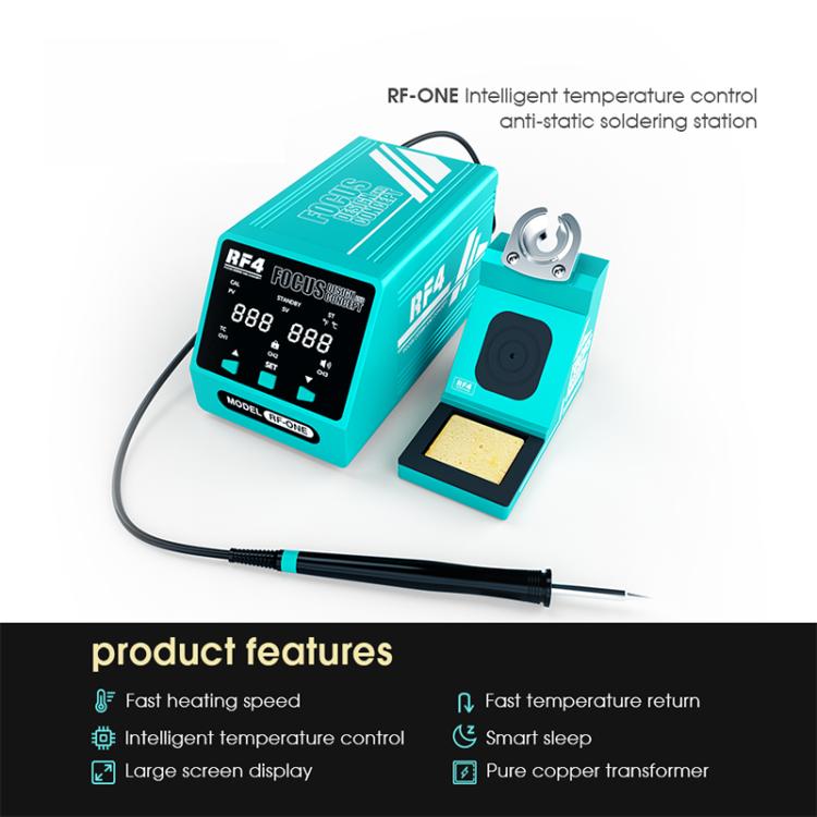 Teal soldering station with large digital display and soldering iron on stand