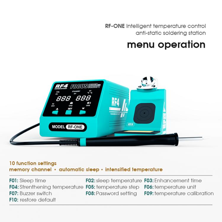 Teal RF4 soldering station with digital screen, iron handle, and menu operation panel