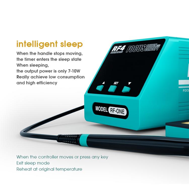 Teal soldering station control screen with connected soldering iron; intelligent sleep text
