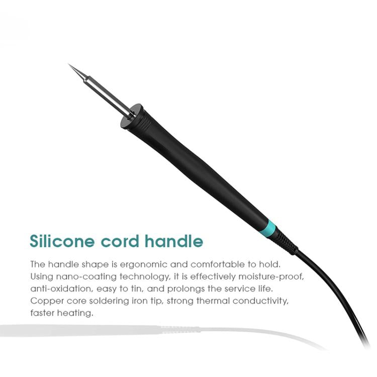 Soldering iron with silicone cord handle and angled metal tip