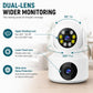 White dual-lens rotating security camera showing upper pan and lower fixed lens