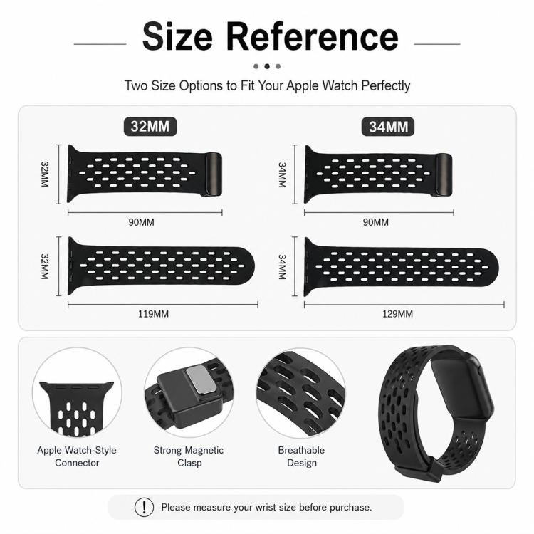 Black perforated silicone watch band with magnetic clasp, shown in two sizes