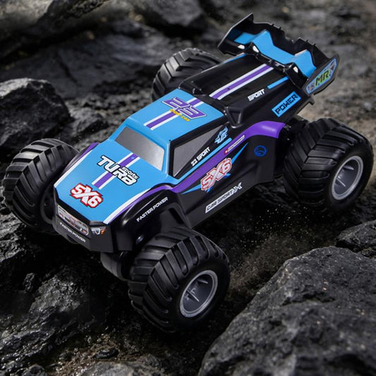 Blue and purple amphibious 4WD remote control off-road car, front 3/4 view