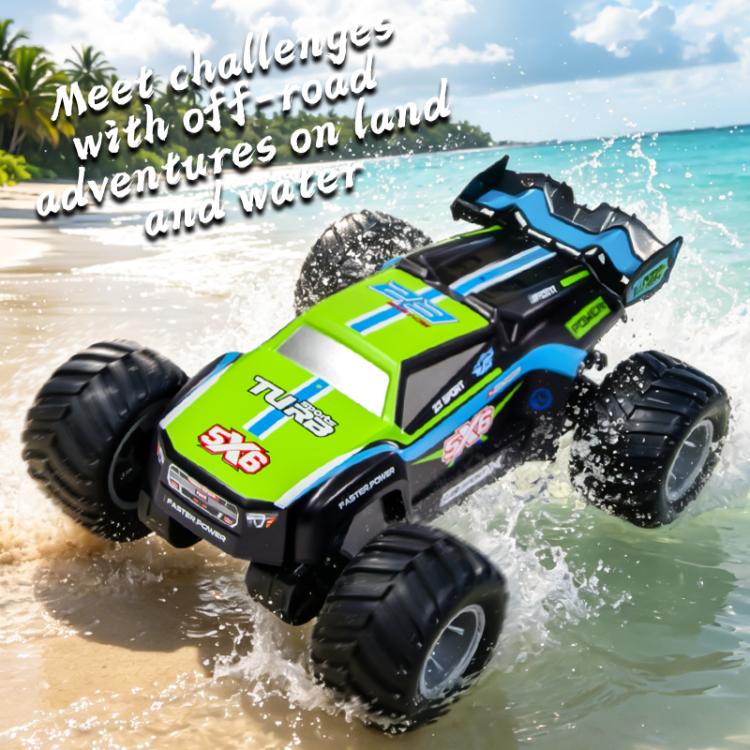 Green and blue amphibious 4WD remote control off-road car splashing through water