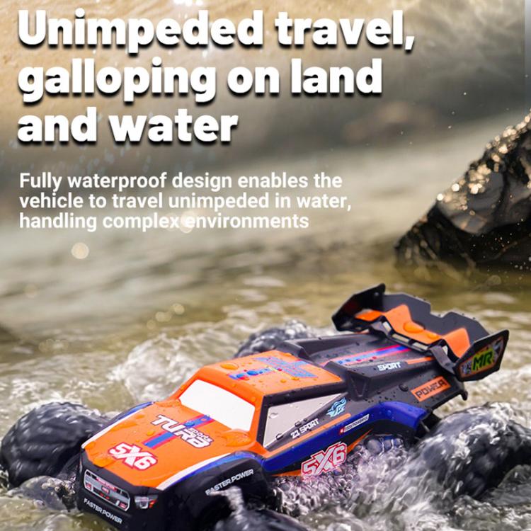 Orange and blue amphibious 4WD remote control off-road car in flowing water