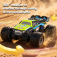 Green and blue amphibious 4WD remote control off-road car turning in sandy terrain