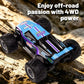 Purple and blue amphibious 4WD remote control off-road car on rocky trail