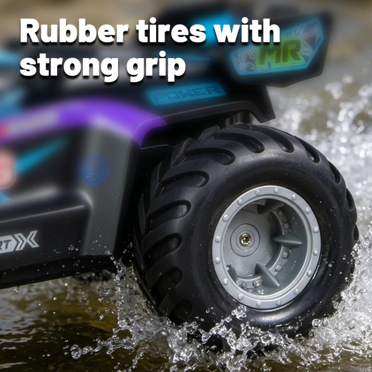 Close-up of amphibious RC car wheel and tread tires in splash water