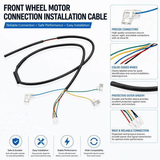 Front wheel motor connection installation cable with black outer sheath and multiple connector plugs