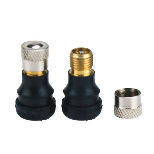 Electric scooter tubeless tire valve adapters with black rubber seals and metal caps