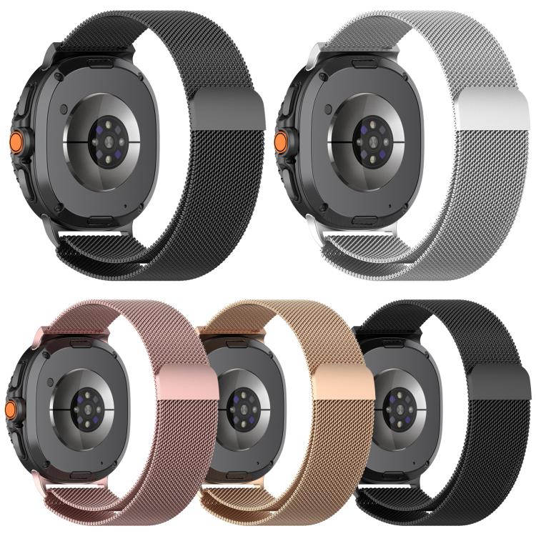 Five Milanese metal watch bands on watches in black, silver, rose gold, and gold