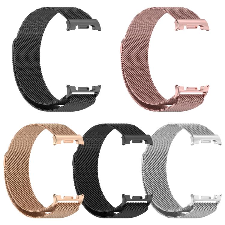 Five Milanese metal watch bands in black, rose gold, gold, and silver