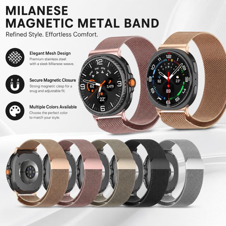 Milanese metal watch bands shown on watches in several colors