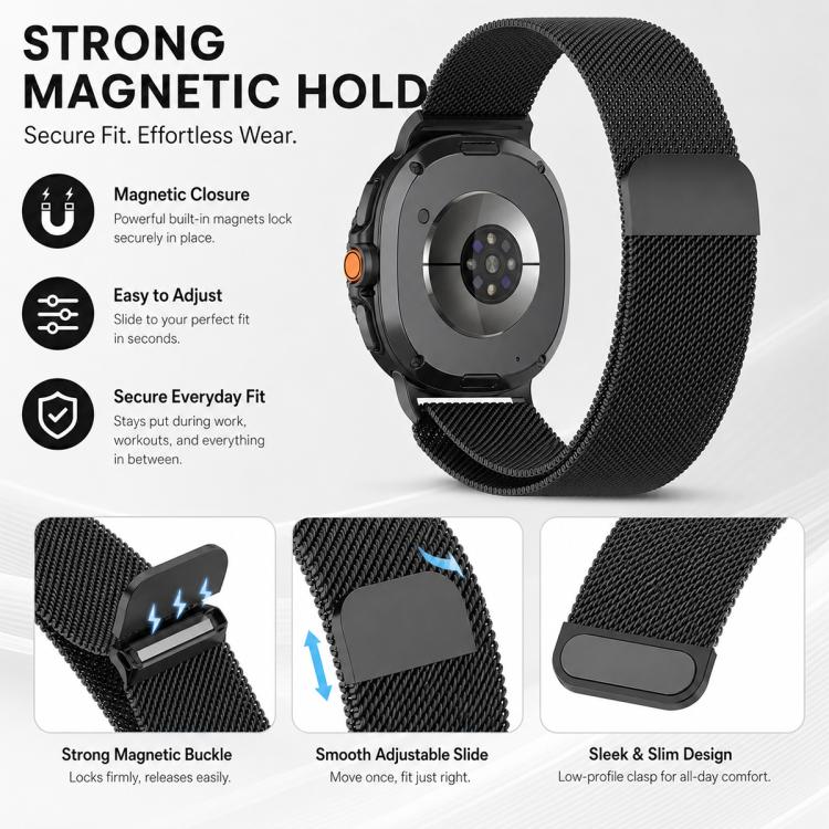 Black Milanese metal watch band with magnetic clasp and adjustable mesh slider