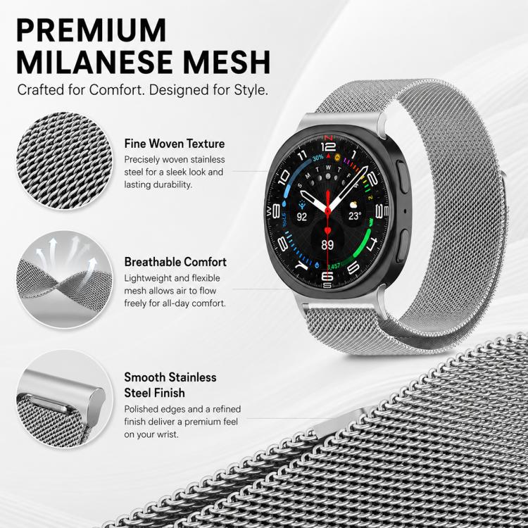 Silver Milanese mesh watch band on a watch, with close-up of woven metal texture