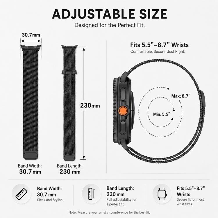 Black Milanese watch band with 30.7 mm width and 230 mm length